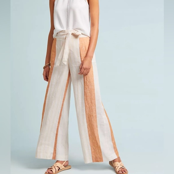 Anthropologie Pants - Ett:twa by Anthropologie Muted Orange Tan Cream Striped Linen Wide Leg Pants